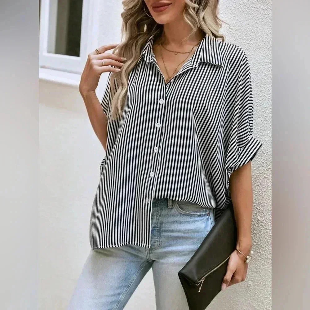 SHEIN Tall Striped Print Batwing Sleeve Shirt